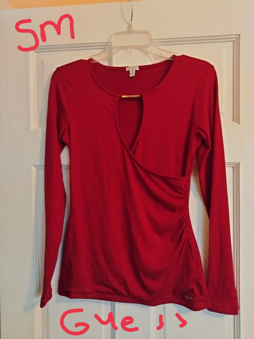 Guess Red Long-Sleeve Keyhole Wrap-Front Top
